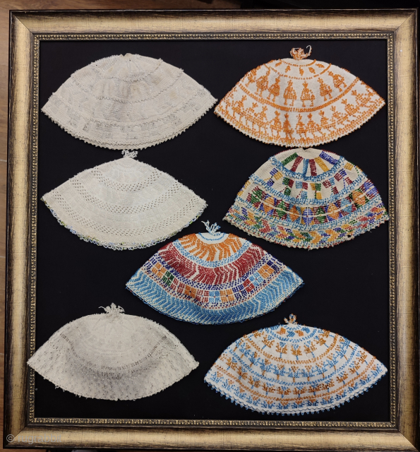 Syrian Durzi beaded hat collection. Glass beads on cotton.                        