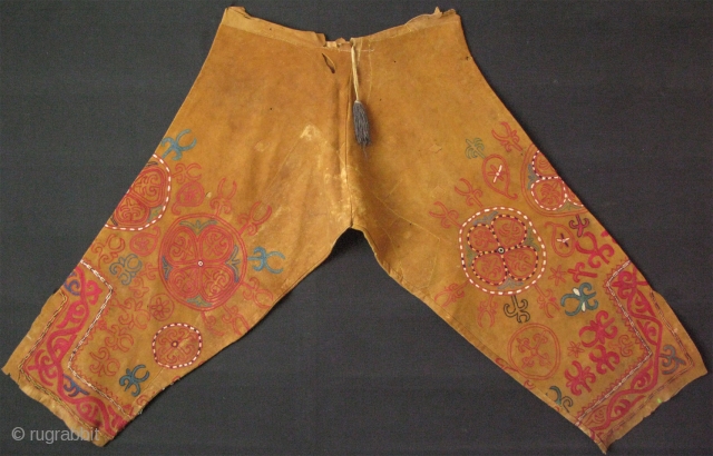 Kirgiz leather tribal panths. Both side fine silk embroidery with traditional talismanic designs. Circa : second half of 19th cent.             