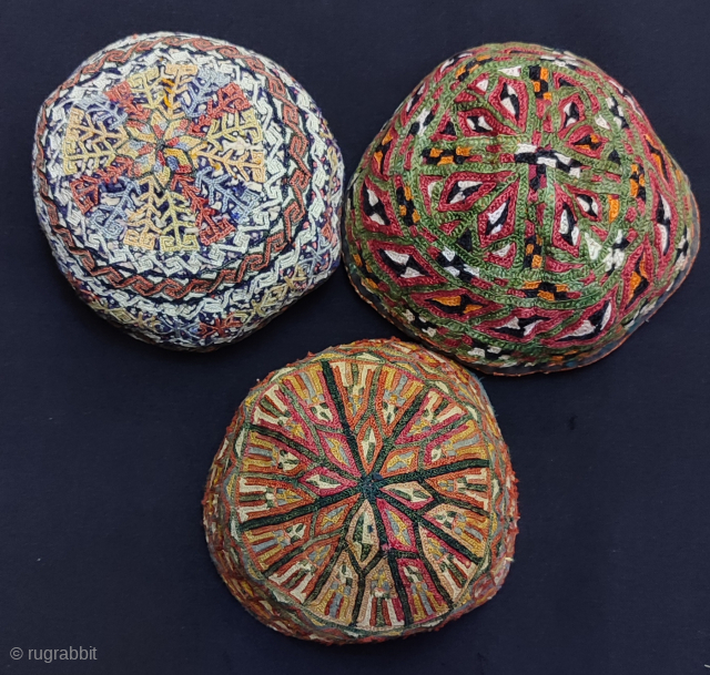 Group of Turkmen child hats & skullcaps.
Sizes:
#1 - 8cm high and circumference 43cm.
#2 - 9cm high and circumference 43cm.
#3 - 8cm high and circumference 49cm.
You can buy them online from my Etsy ...