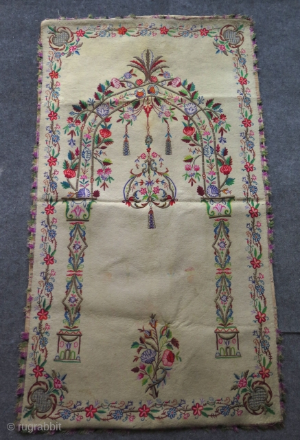 Antique Ottoman Silk and metallic yarn embroidered Felt Praying Mat.                       