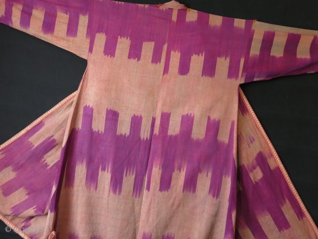 Uzbekistan- Woman's silk Ikat shirt - kurta Lined with hand loomed very fine plain cotton so that it should not be heavy. Adras Ikat facing and silk embroidered all around trim. Circa  ...