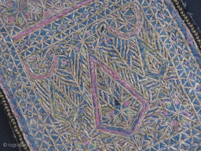 Persia Yazd, Zoroastrian religious hanging. silk and metallic embroidery on cotton. printed cotton backing. Circa early 19th cent. Size: 9" by 12"           