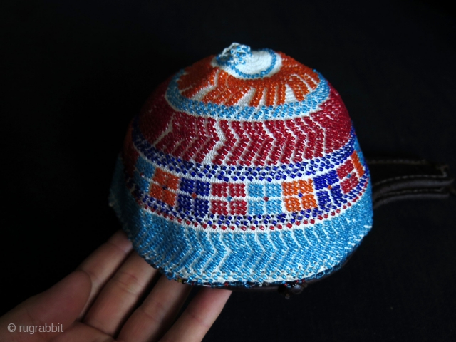 Syrian Durzi beaded hat. Glass beads on cotton.                         