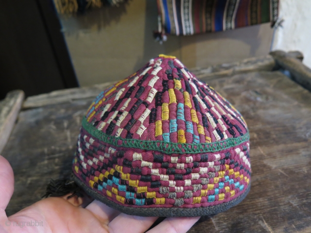 Turkmen Hat. Some silk and cotton embroidery on cotton base. Height 11 cm - 4.3" and in diameters 18 cm - 7"           