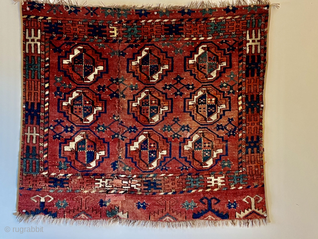 An early, possibly Kizyl Ayak Ersari chuval fragment perhaps from the late 18th century missing a column of guls with a rare and early border, unusual elem and minor guls   