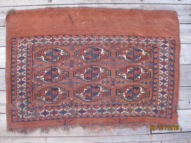 Late 19th C. Yomad chuval, all natural colors. One old repair and two inch slit in elam, but otherwise good condition with some low pile. Original side cords. 29" X 43" (74  ...