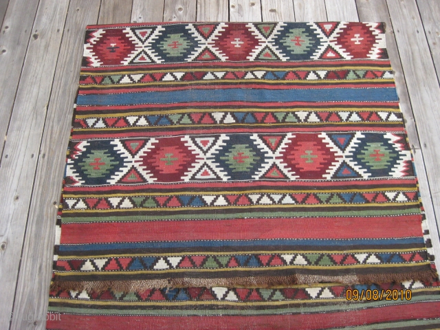 Shirvan Kilim, 19th C. Good condition with only minor wear. Macrame ends. All natural dyes, including an uncommon light green. 9 X 4 ft. Washed.        