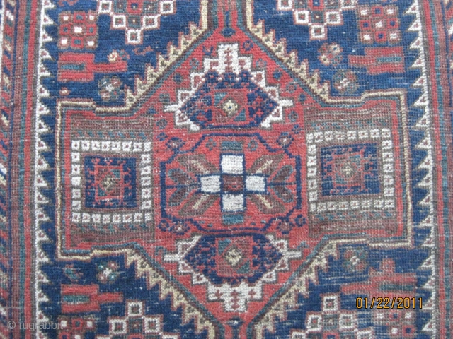 19th C. small Anatolian Bergama. 48 X 33 in. (122 X 84 cm). All colors
derived from natural dyes. Good, soft glossy pile but low in some areas. Nice handle. Missing most side  ...