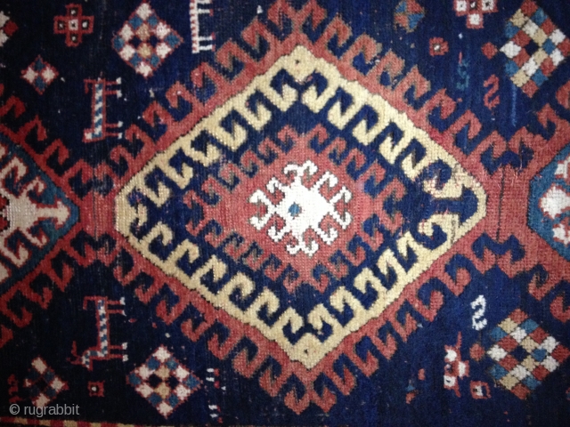 Gorgeous Bordalou Kazak ca 1880s. Classic design and all natural saturated dyes. Mostly full and medium pile with lower pile in the center. A several inch repair of one corner, professional done.  ...