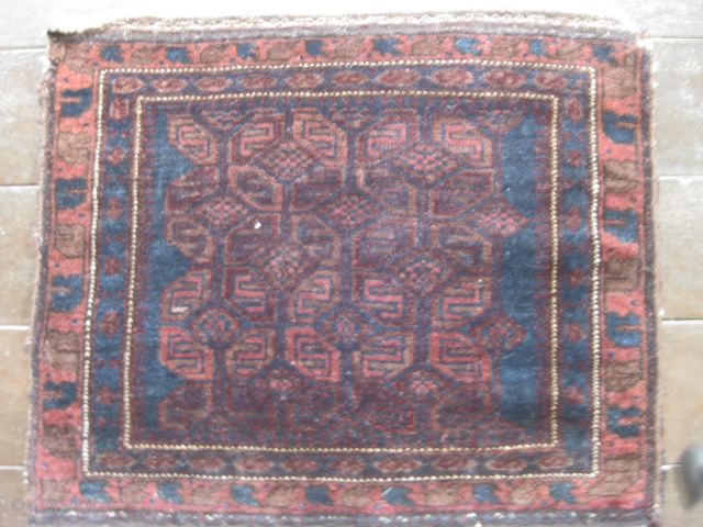 Balouch Bag Front, ca 1900. Good condition with soft lustrous wool and handle. Original selvedges and embroiderd ends. Nice dark color palette including a strong blue. 24"X 21"/60X53cm. Cleaned. Price reduced.  