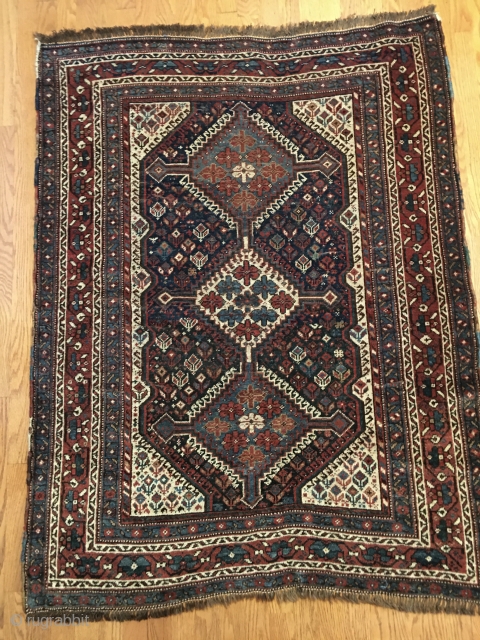 Striking Antique Southwest Persian Afshar rug. All colors derived from natural dyes. Good condition with a few areas of low pile (see image no. 4). ends complete and stabilized. Nice blues and  ...