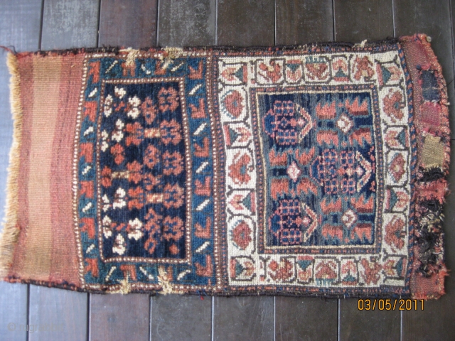 Late 19th C. Kurdish bagface with unique double design. Natural colors with good soft longish pile and retaining partial kilim backing. Size 38 X 23 in. Washed.      