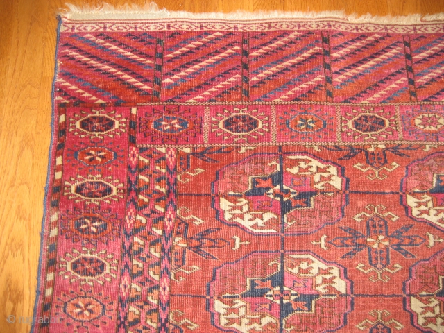 Antique Tekke Turkmen rug, ca 1890. Excellent overall condition for age, with soft, medium pile throughout. All natural dyes. Large, bold main carpet size guls. Size 4ft X 3ft 4in. Clean   ...