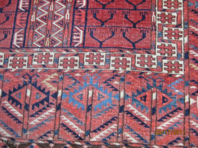 Tekke Turkmen Ensi, late 19th C. Good colors and condition as shown. Medium to low overall pile. Elam missing a few rows. 55 X 51 in./140 X 129 cm. Reasonable.   