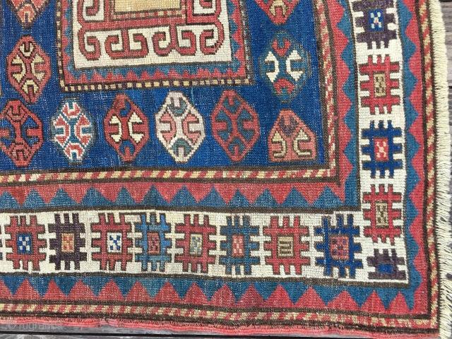 Early Antique Caucasian Karachop (or variant) long rug, probably from 3rd Qtr 19thC. Beautiful bold design with a great variety of colors including several blues, aubergine, lemon yellow, and green. Size: 9'3"  ...