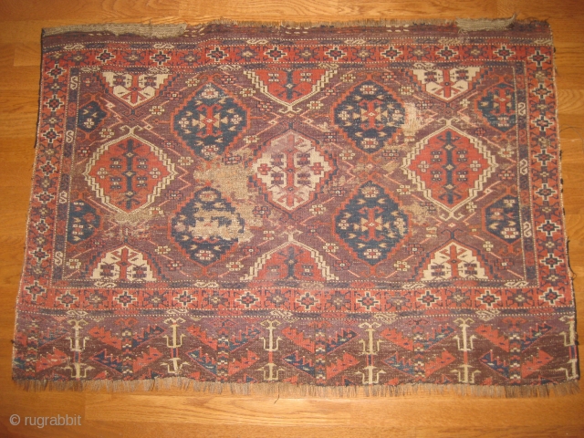 Antique, 3rd Qtr 19th C. Chodor chuval. Main image is of the back. This is a
well distressed piece but a great example of this hard-to-find type. Size 3'11" X 2'8".   