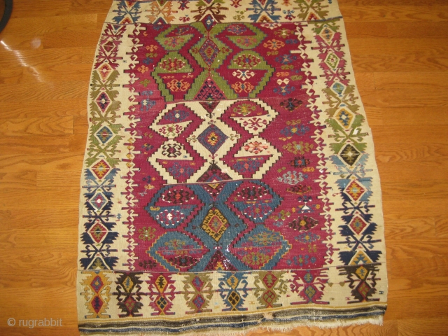 Late 19th C. Anatolian small slit-weave kilim. All good natural dye colors. 
Good condition with only slight signs of wear. 3'5" X 2'10".          