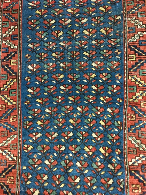 Colorful Antique Caucasian Shirvan or Shirvan-Kuba Prayer Rug from the late 19thC. Some wear with medium to full pile throughout. All natural colors with nice abrashes and several blues, greens and a  ...