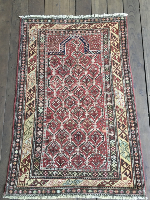 Lovely Antique Dagestan Prayer Rug with an attractive lattice field, circa 4th Quarter 19th Century. All natural colors including lemon yellow. Several quadrupeds in the field. Intricate border designs. Original selvedges. Good  ...