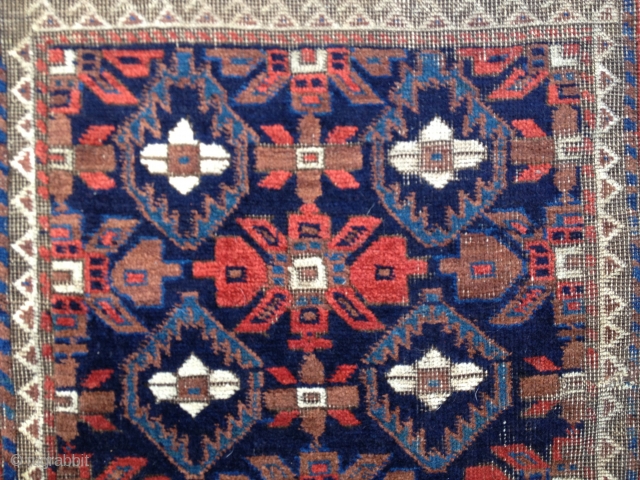 Iconic Mina Khani Baluch, ca 3rd Qtr 19thC. All organic saturated colors including light and dark blues. Prominent "Turkman Line" border design. Size: 58X36in./147X91cm. Areas of oxidation and wear. Buyer pays shipping.  ...