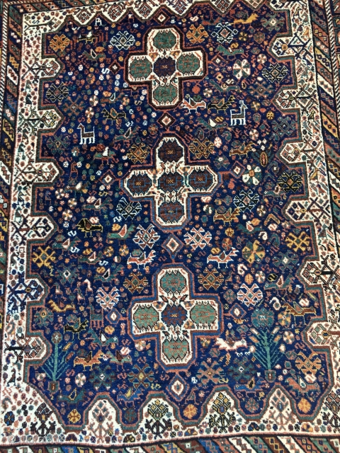 Gorgeous Antique Afshar from the early 20th Century. Great variety of all organic colors. Colorful field consisting of detail including birds and animals. Mostly full pile throughout. Original selvedges. Ends stabilized with  ...