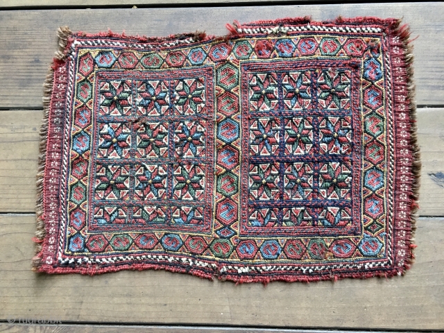 Rare Antique Baktiari Soumak Chanteh or small bag, 19 X 13 Inches. Probably late 19th Century. All natural colors including beautiful jewel-like blue and green. Good condition including original selvedges with some  ...