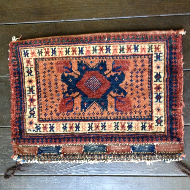 Late 19th Century Afshar Chanteh bag with kilim backing and loop closures. Very good original condition with medium pile throughout. Bright colors derived from all natural dyes. Size 18" X 14"/46X36cm closed;  ...
