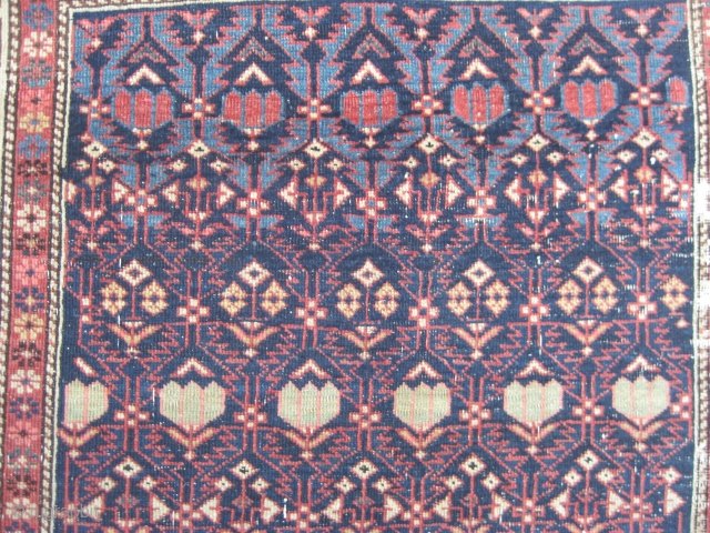 Small Shirvan rug, ca 3rd Qtr 19th C. Beautiful field pattern. Chichi? All natural colors. Fine weave. Unusual wear found almost only in the borders. Complete, and a good candidate for restoration.  ...