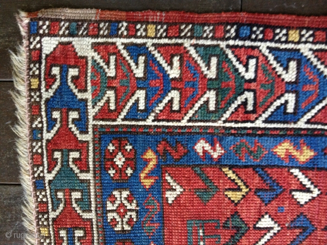 Small Antique Sewan Kazak rug, probably late 19th C. Bright saturated natural colors including nice lemon yellow and a generous use of green. Condition: even wear with some knots showing. No repairs  ...