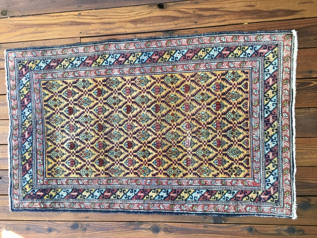 Antique Caucasian Shirvan or Dagestan rug circa 1890 - 1910. Bright lemon-yellow field and borders with an overall lattice design All natural saturated colors with  red, light blues and green. Unusual  ...