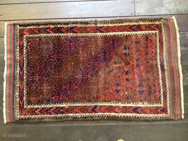 Small antique Baluch rug, p possibly Khorasan, ca 1890s. All natural dyes with
glossy wool pile and fine weave. Nice diagonal design. Very good condition with a few small repairs. Retains original side  ...