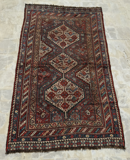 Antique Rare Collectible Hand Knotted Persian Tribal Chicken Khamseh Wool Rug.Good Condition(Low Pile In Some Areas Kindly See Pictures Carefully Please).Size 236x142 Cm.Contact For More Info And Price Please Nabizadah_carpets@yahoo.com   