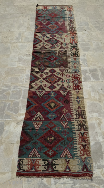 Antique Hand Woven Turkey Anatolian One Part Wool Weaving Kilim.Worn And Damaged.Size 327x81 Cm.Contact For More Info And Pictures Nabizadah_carpets@yahoo.com             