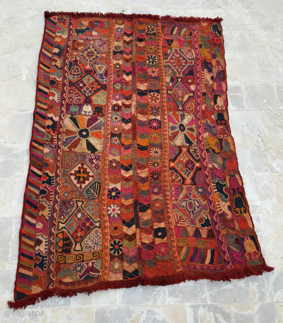 Gorgeous Old Collectible Pictorial Figurative Iraq Marsh Arab Beni Hasan Wool Embroidered Wedding Blanket.Size 233x160 Cm.Good Condition.Contact For More Info And Price Nabizadah_carpets@yahoo.com          