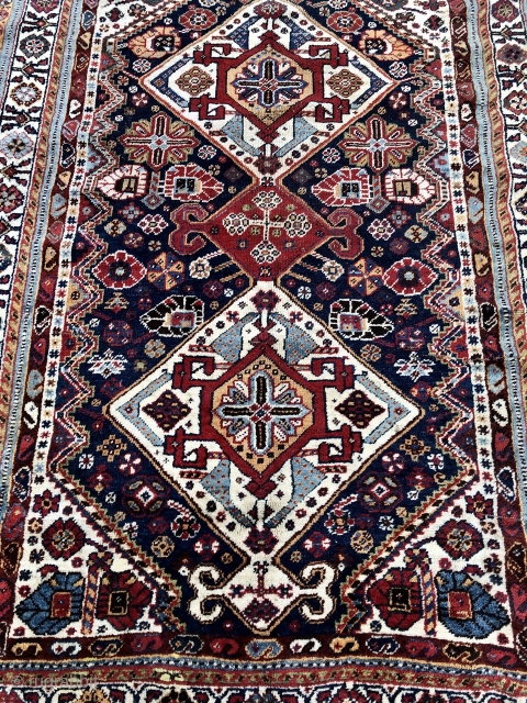 A very nice dated antique Qashqai tribal rug from Southwest Persia, size: ca. 210x150cm / 7ft by 5ft . The rug is dated in one corner: 1325      