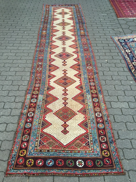 Very decorative antique Kurdish tribal runner, size: ca. 435x102cm / 14'3''ft x 3'3''ft good overall condition, sides and ends rebound. www.najib.de            