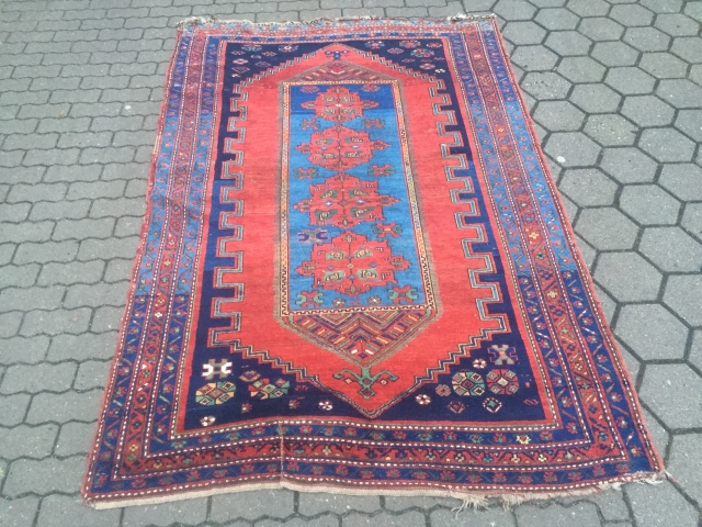 Antique Kazak rug with a beautiful sky blue center. Size: ca. 235x155cm / 7'7''ft x 5'1''ft , some localized wear.             