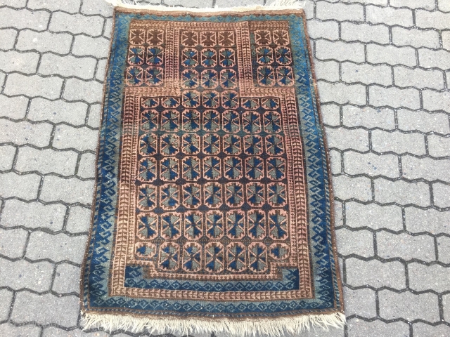 Antique Baluch prayer rug . Origin : North-West Afghanistan . Size : ca. 130cm x 90cm ( 4'2''ft x 2'9''ft ) Nice collector´s piece.
         