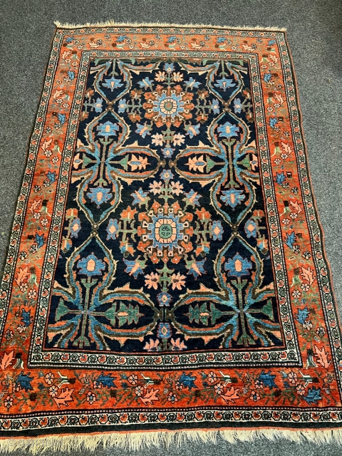 Antique Bidjar Gerrus rug from Westpersia, age: circa 1870. Very nice drawing, beautiful navy blue field color. Wool foundation, good condition. Size: circa 210x135cm / 7ft by 4’5ft  http://www.najib.de   