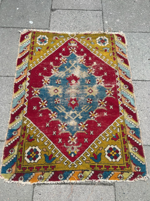 A colorful antique village rug from West-Anatolia ( Dazkiri / Denizli region) size: circa 120x95cm / 4ft by 3’1ft some condition problems but reasonably priced. http://www.najib.de       