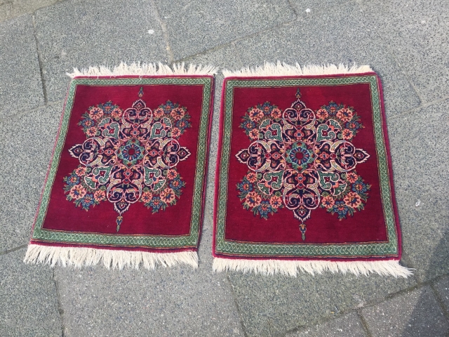 a fine pair of antique Persian Keshan Poshtis. Age: circa 1920. Good condition. Size: ca. 65x55cm each / 2'2'' x 1'8''ft            