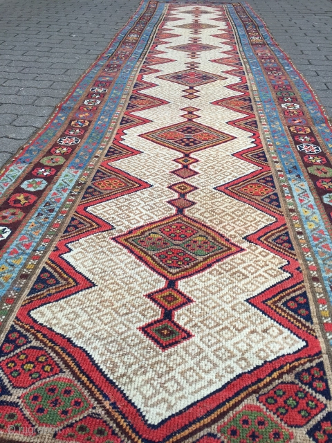 Very decorative antique Kurdish tribal runner,19th century size: ca. 435x102cm / 14'3''ft x 3'3''ft wool on wool, sides and ends rebound.  www.najib.de
          
