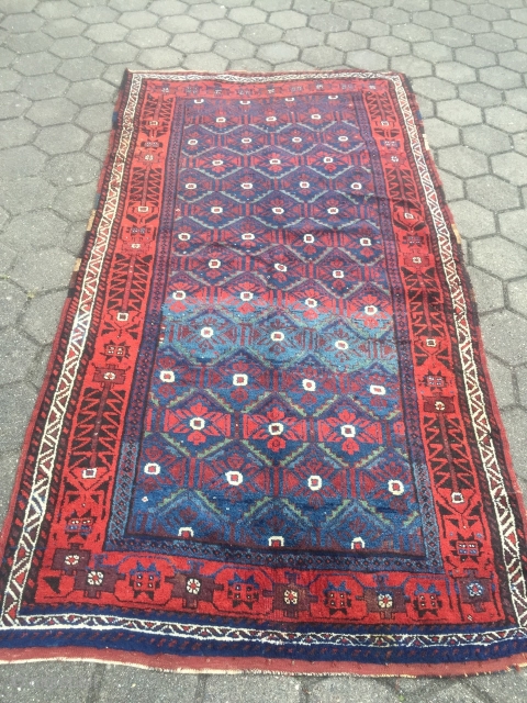 Antique Baluch inspired Luri (?) rug from Southwest Persia. Glossy, shiny wool and beautiful vivid indigo blue color. Very nice "Mina Khani" drawing. Size: 260x130cm / 8'5''ft x 4'3''ft, one small sewn  ...
