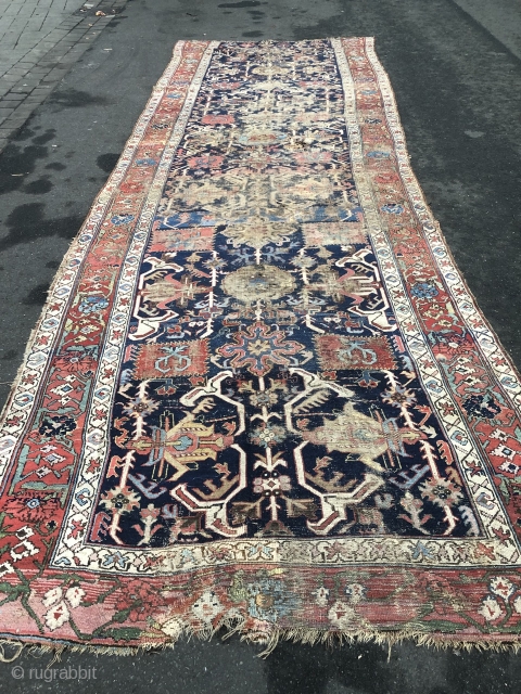 Early archaic Northwest Persian or Kurdish rug. Age: circa 1800, size: ca. 530x180cm / 17'4''ft x 6ft . Very old, some obvious condition problems         