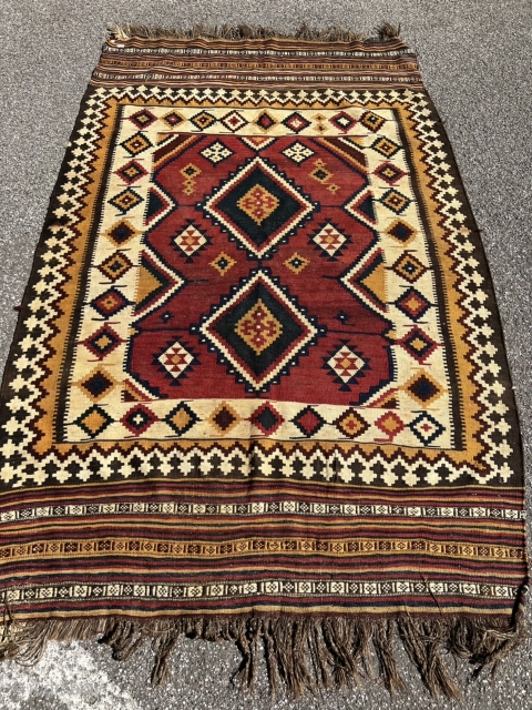 From an old German collection: This antique Southpersian Luri kilim was purchased in Saudi Arabia in the 1960‘s, it belonged to the German personal physician of the royal court and was recently  ...