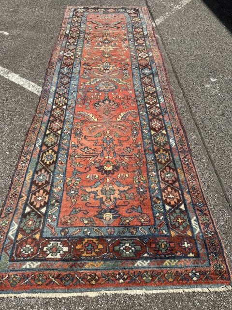 Archaic antique long rug from Northwest Persia with palmettes, 375x120cm / 12’3ft by 3’9ft                   