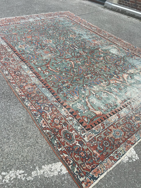 A highly decorative antique Persian Sultanabad carpet. Size: circa 430x300cm / 14ft by 9’8ft beautiful light pastel colors, very nice soft green field color, soft color transition. Although it may show some  ...