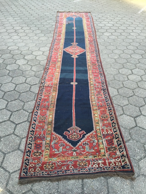 Antique Kurdish runner from Northwest-Persia, wool on wool foundation. Very decorative, size: ca. 525x102cm / 17'3''ft x 3'3''ft , old repair at one end (see pictures).       