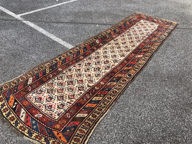 Very nice antique ivory ground Kurdish (Caucasian?) runner, size: ca. 340x108cm / 11'2''ft by 3'6''ft                  