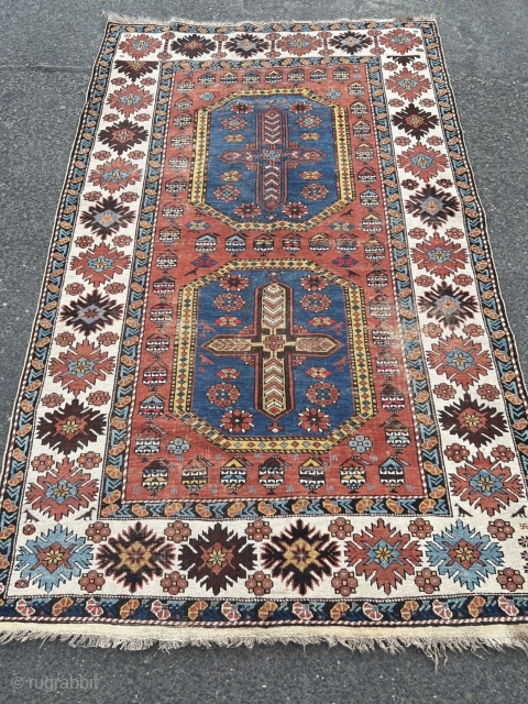 A very nice antique Caucasian Shirvan rug with lots of little Swastikas and birds, size: ca. 215x135cm / 7ft by 4‘4ft some localized wear         